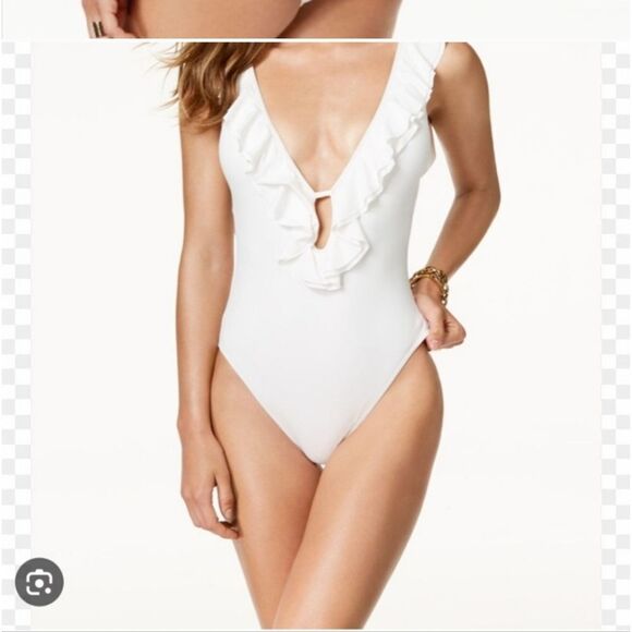 🆕️ Michael Kors Women’s White Ruffled plunging V Neck One Piece Swimsuit - Picture 3 of 7